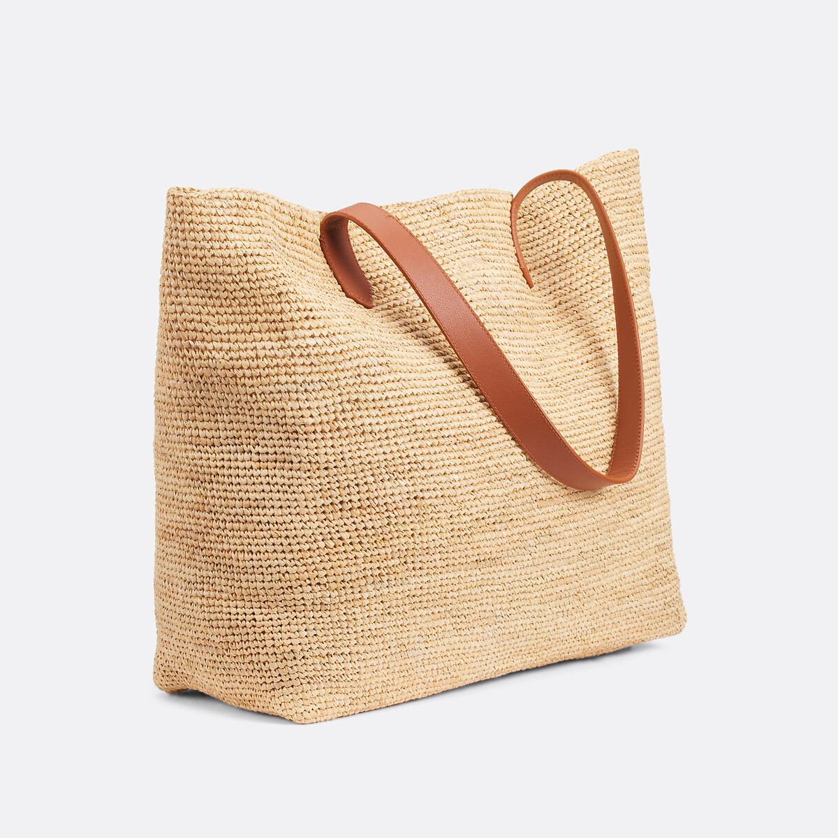 Sac cabas en raphia et anses en cuir naturel, LA REDOUTE COLLECTIONS