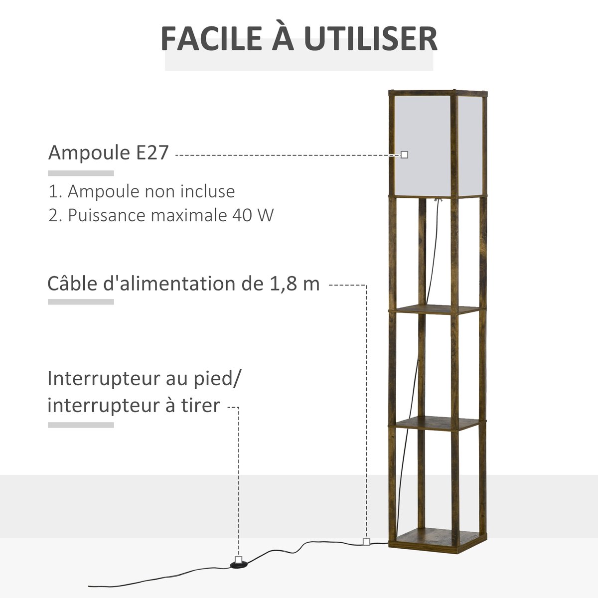 Lampadaire Bois Chêne marron, HOMCOM