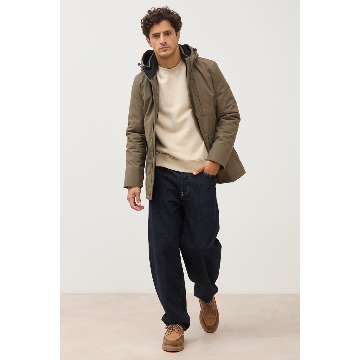 Parka longue droite à capuche taupe, BONOBO