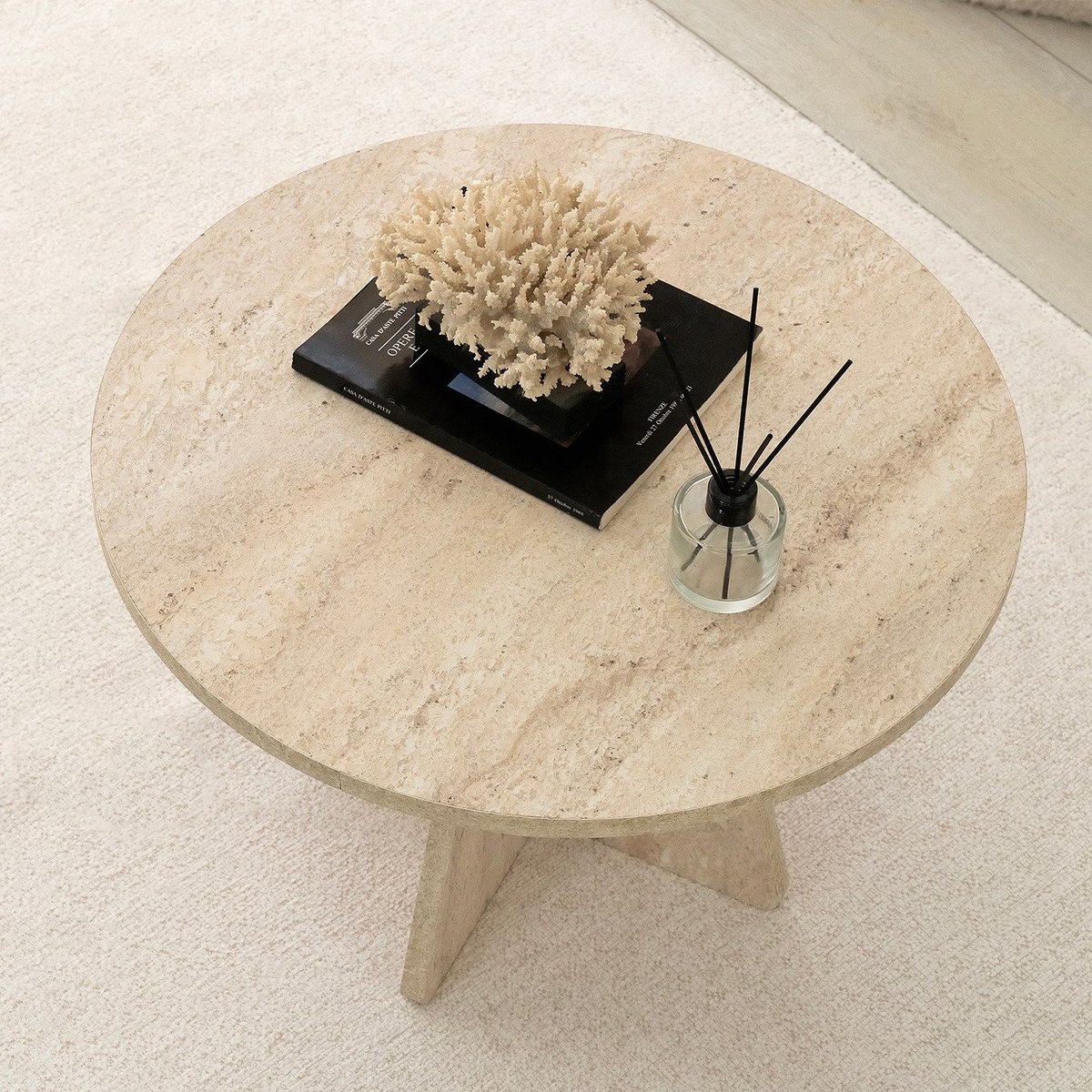Table basse ronde effet travertin design moderne VALENCE beige, TOILINUX