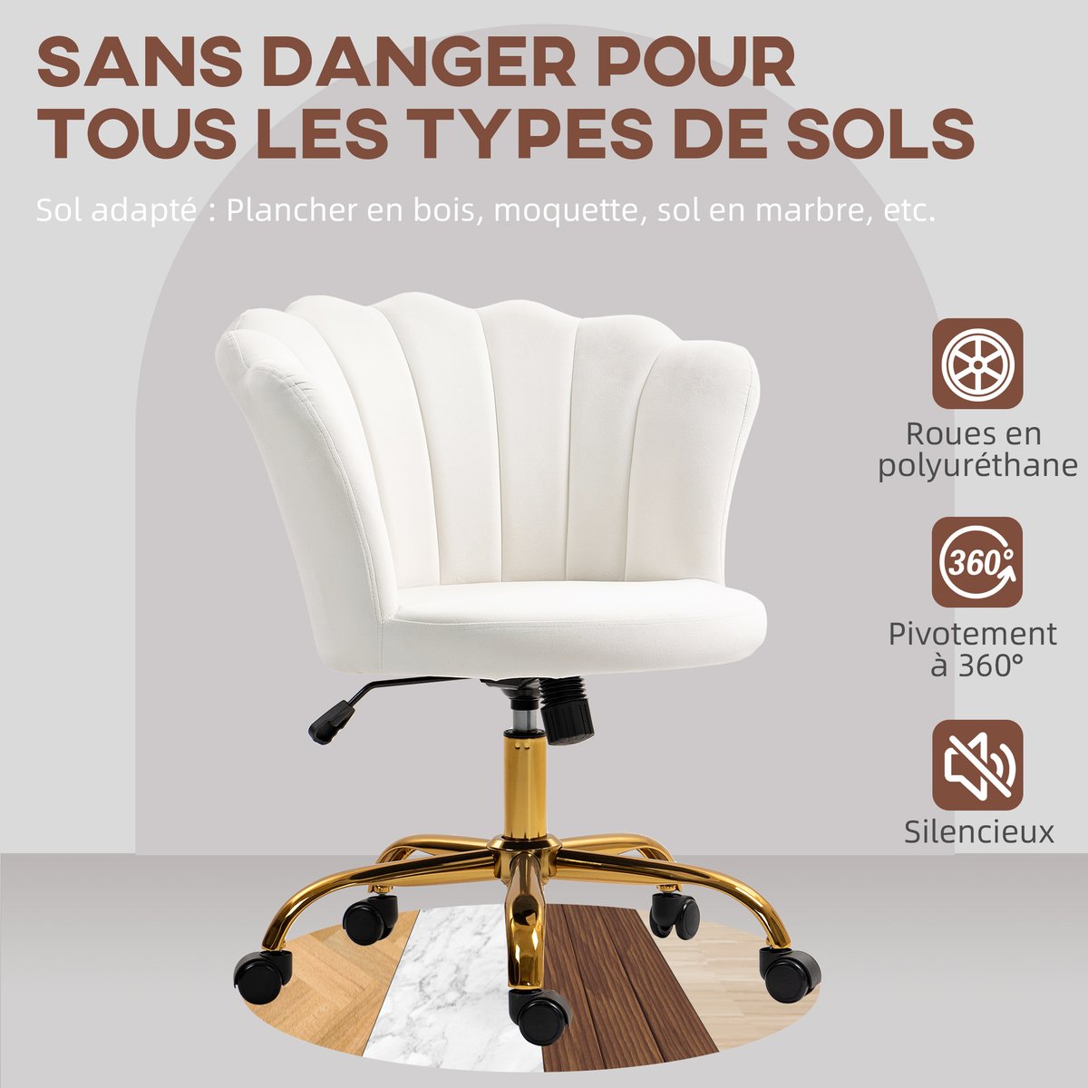 Chaise de bureau Velours (100% polyester) blanc, HOMCOM