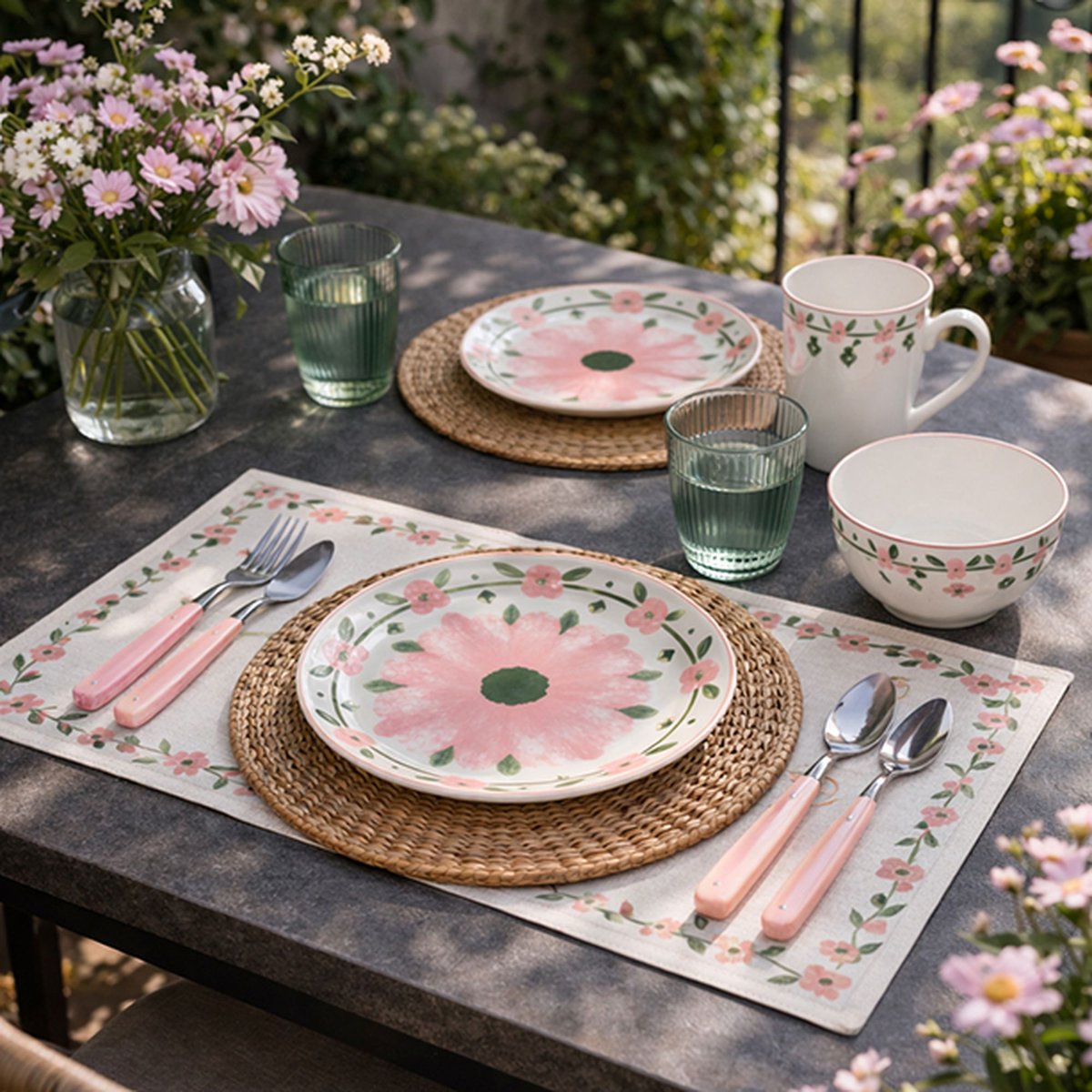 Lot de 6 assiettes à dessert 19cm en porcelaine, PRIMAVERA blanc-rose, NOVASTYL