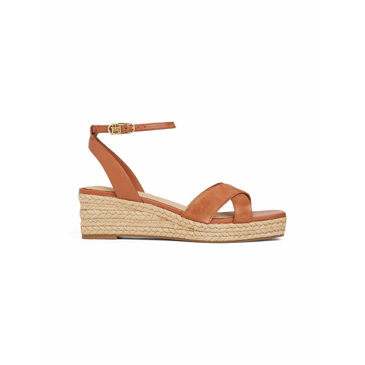 Sandali con zeppa in pelle cognac, TOMMY HILFIGER