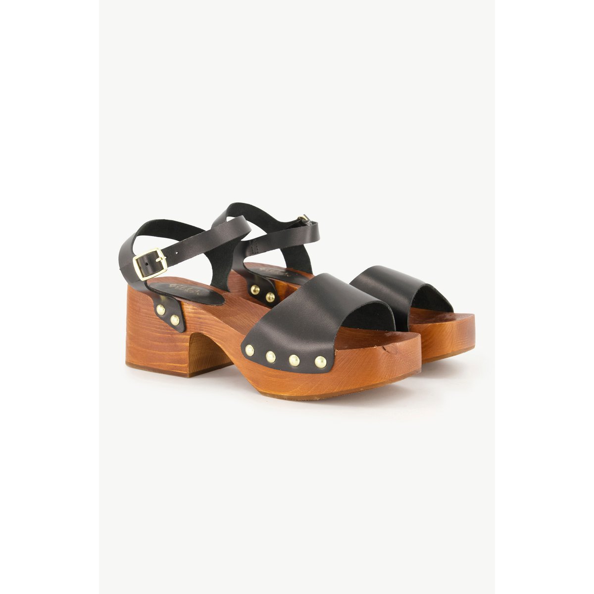 Sandalettes type sabots en cuir avec rivets , pied large noir, ULLA POPKEN