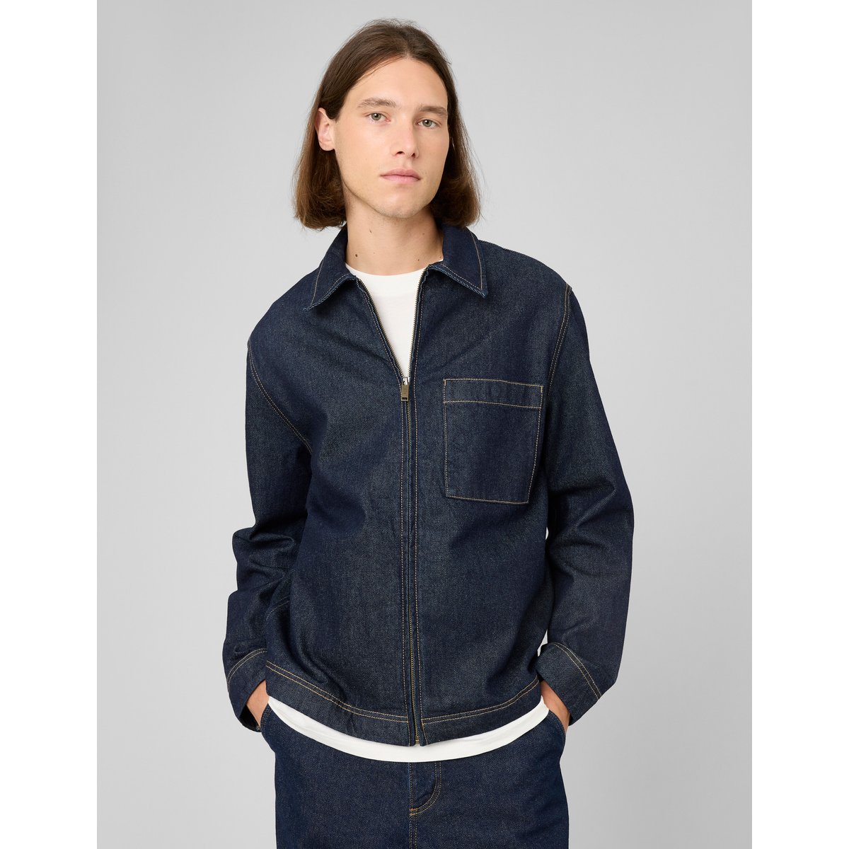 Veste en denim zippée bleu moyen, BZB