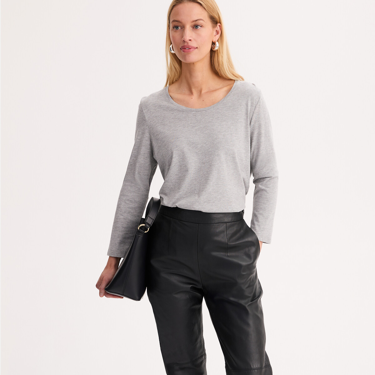 T-shirt col rond, manches longues gris chiné, ANNE WEYBURN