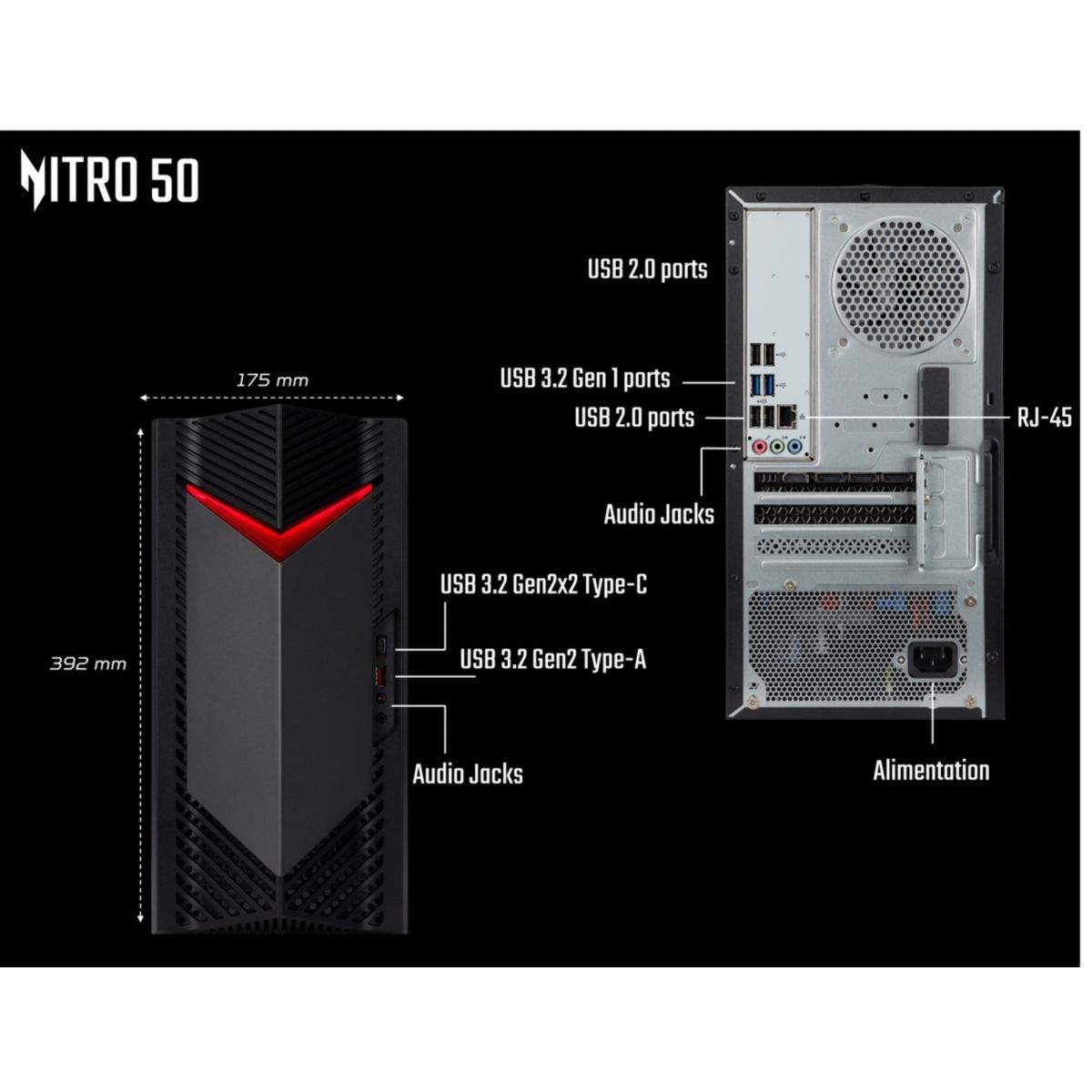 PC Gamer Nitro 50-656 - Intel Core i5 14400F - Nvidia RTX 5050 - 16 go RAM DDR5 - SSD 512 Go couleur unique, ACER