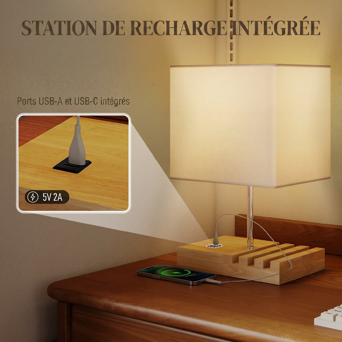Lampe de table Bois Blanc blanc, bois naturel, chromé, HOMCOM