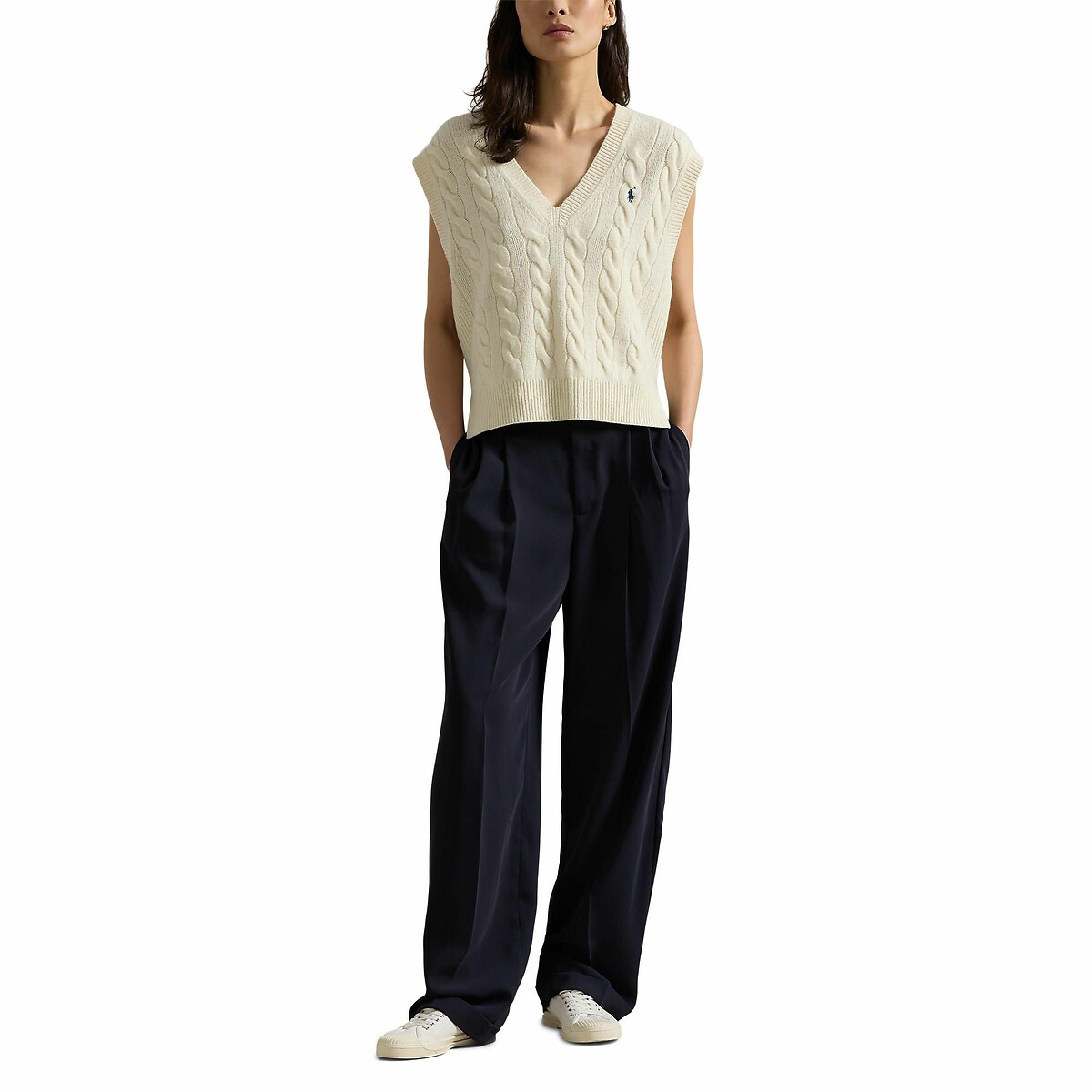 Pull sans manches col v logo poitrine crème, POLO RALPH LAUREN