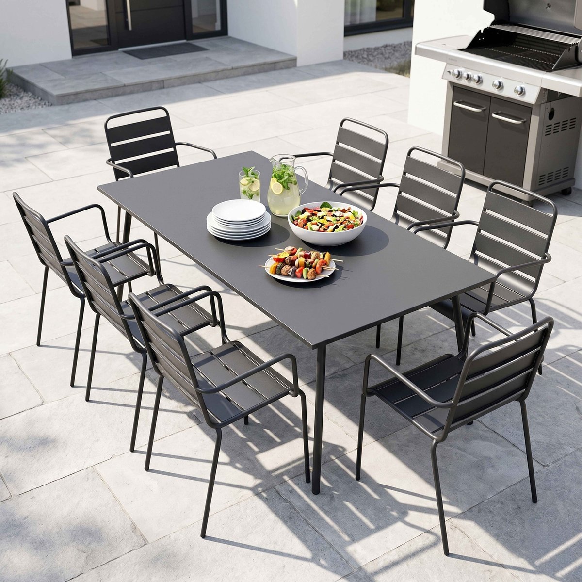 Salon de jardin table et 8 fauteuils en métal, PALAVAS gris anthracite, OVIALA