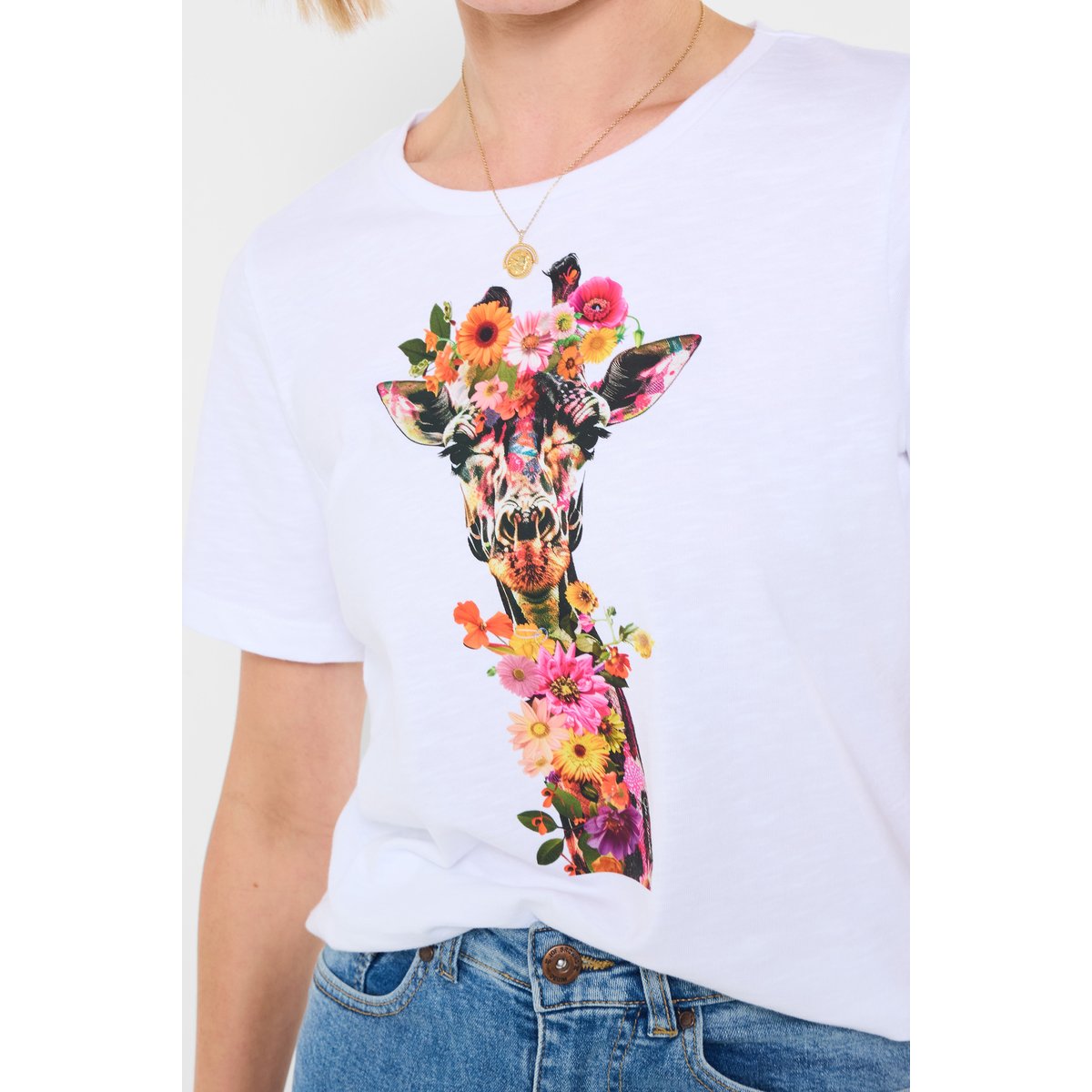 T-shirt à motif girafe et fleurs blanc, JOE BROWNS