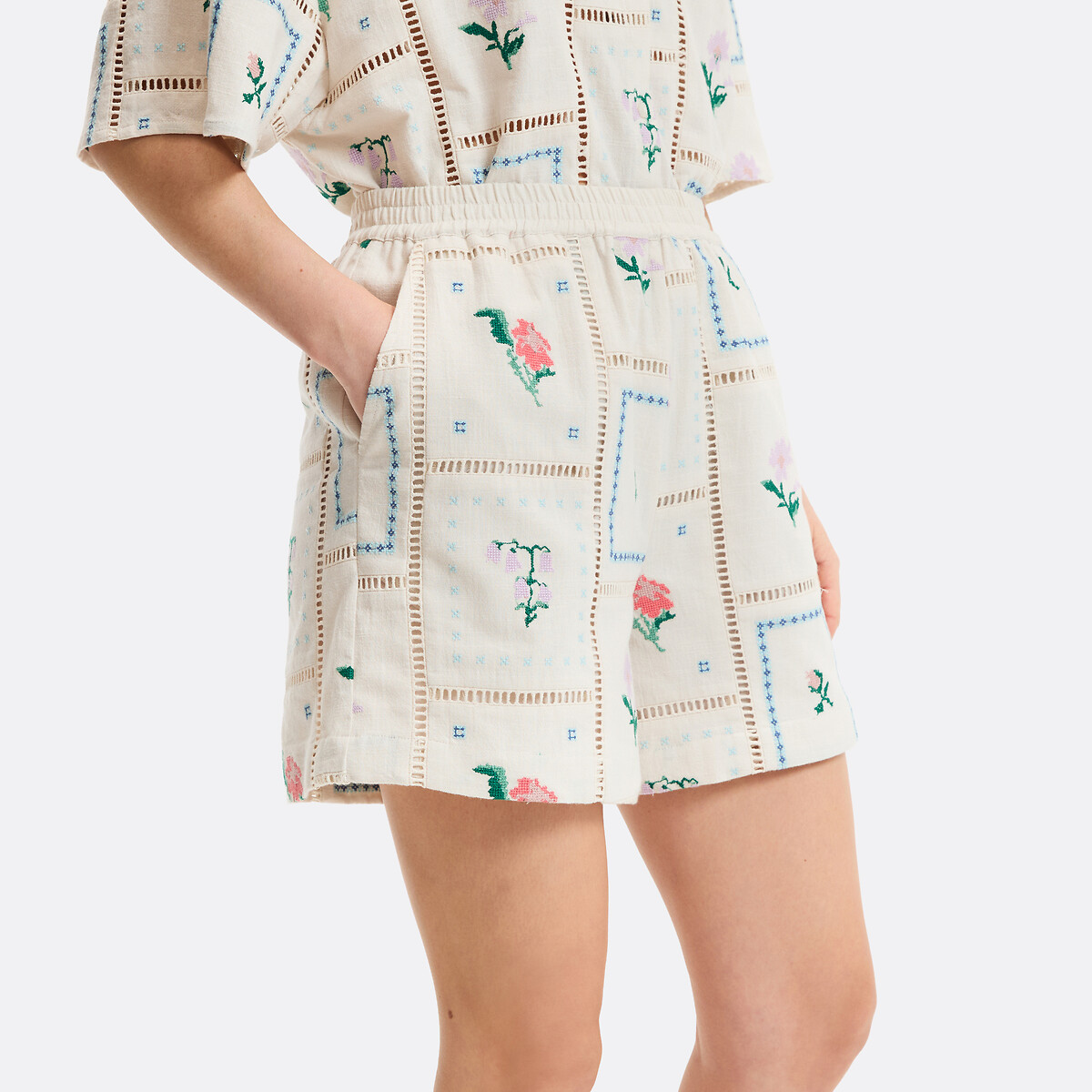Short brodé floral à taille élastiquée beige naturel, LA REDOUTE COLLECTIONS