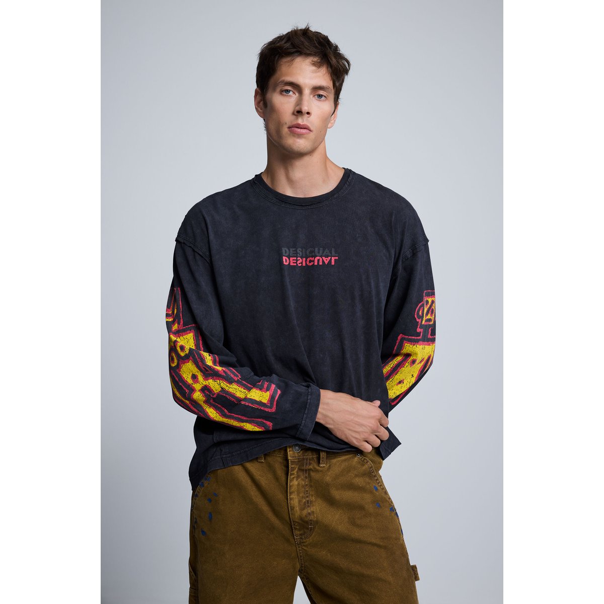 T-shirt à manches longues en coton gris, DESIGUAL