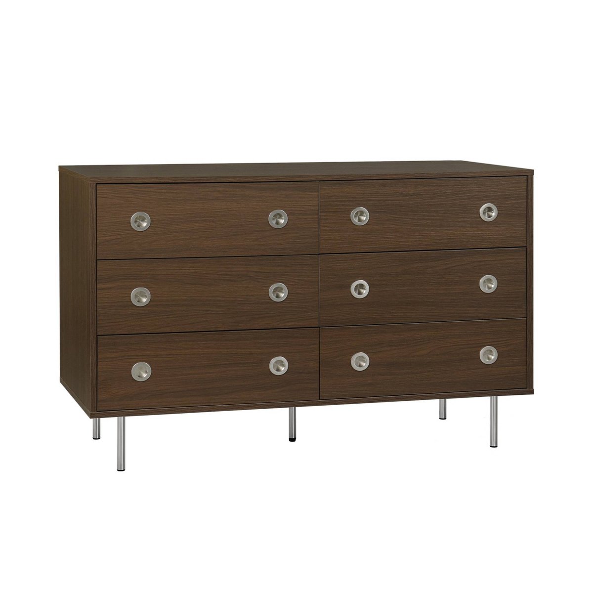 Commode vintage décor bois et acier inoxydable 6 tiroirs SHELBY noyer, SWEEEK
