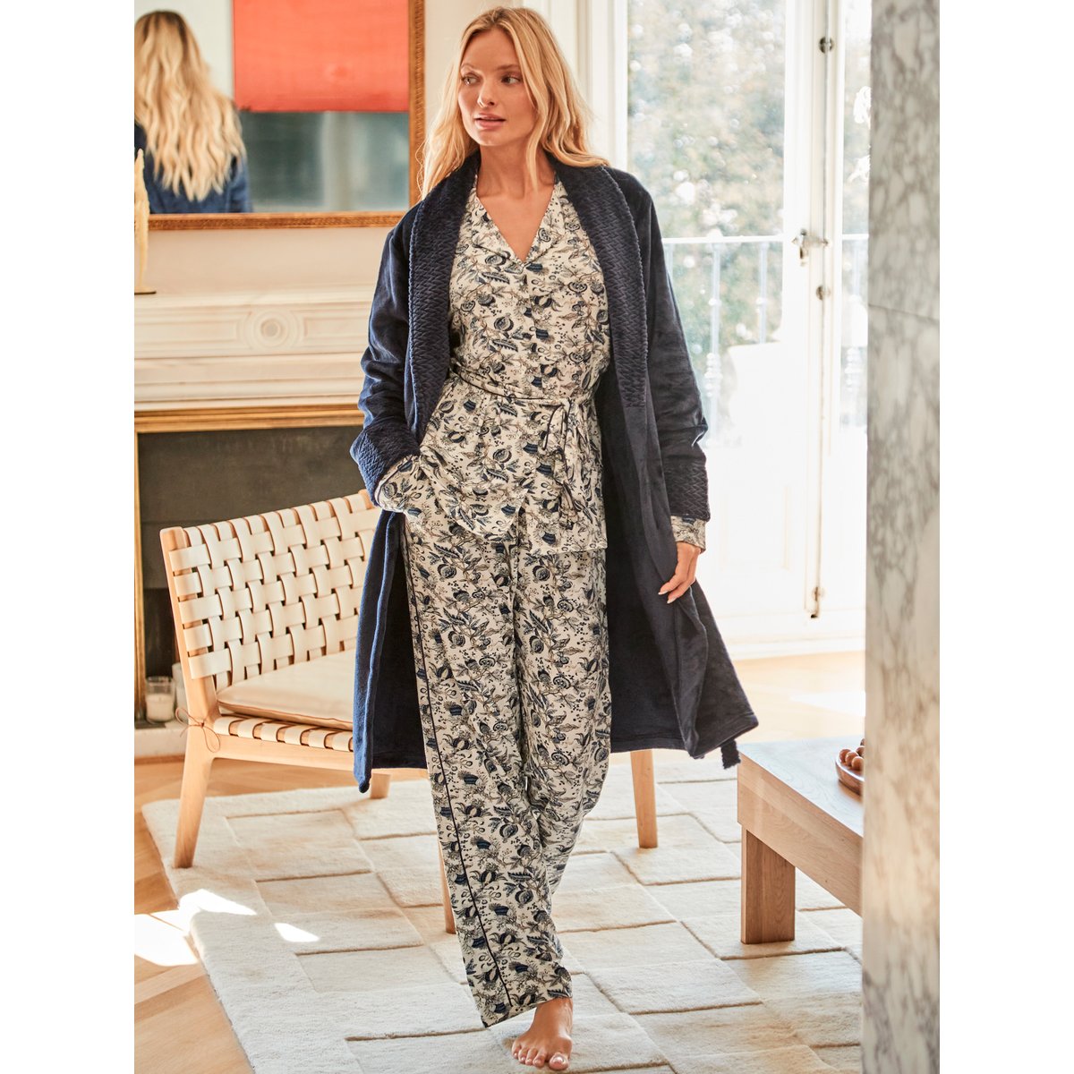 Pyjama pantalon droit chemise manches longues Chic Bamboo bleu, SELMARK