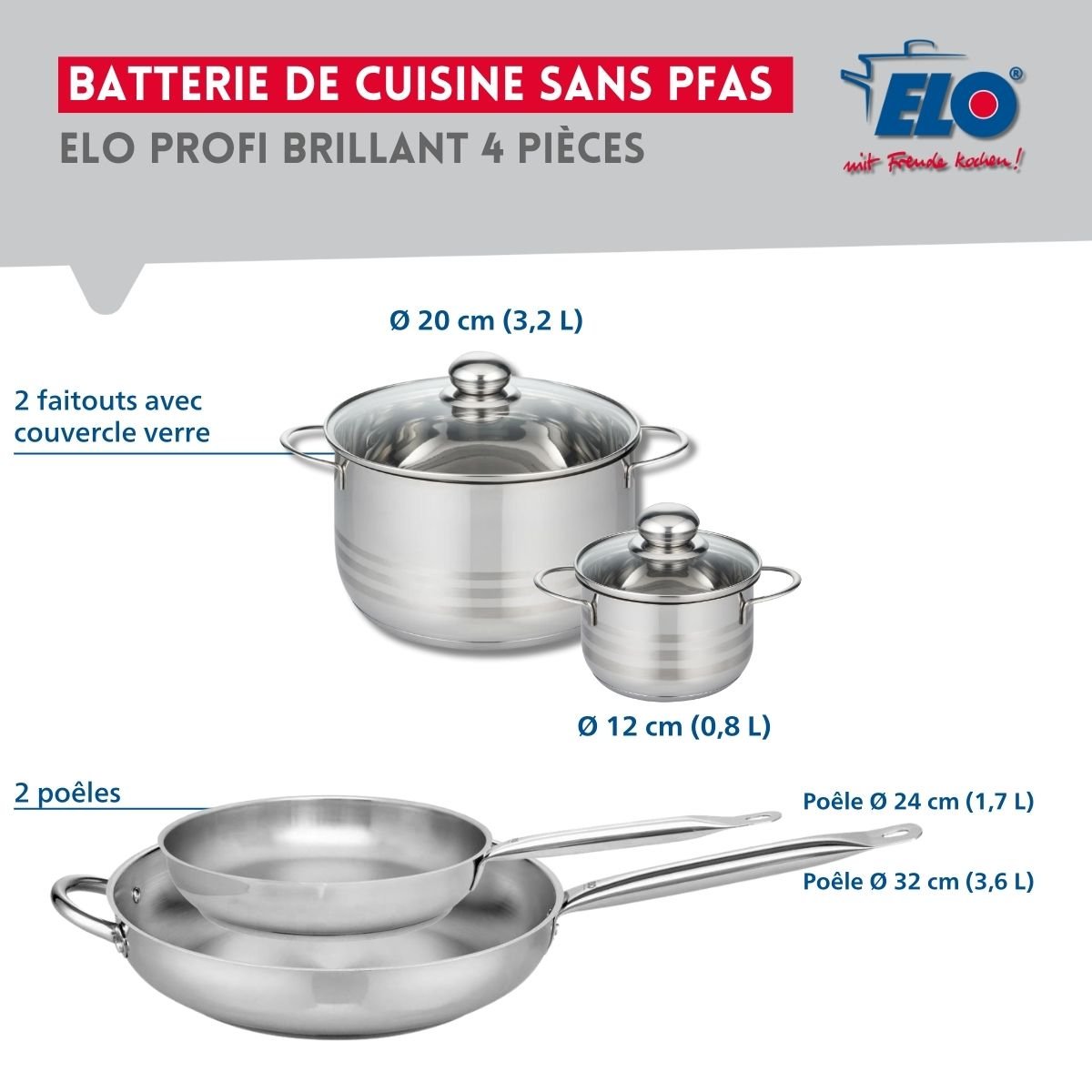 Batterie 2 poêles 24/32cm + 2 faitouts 12/20cm PROFI BRILLANT gris, ELO
