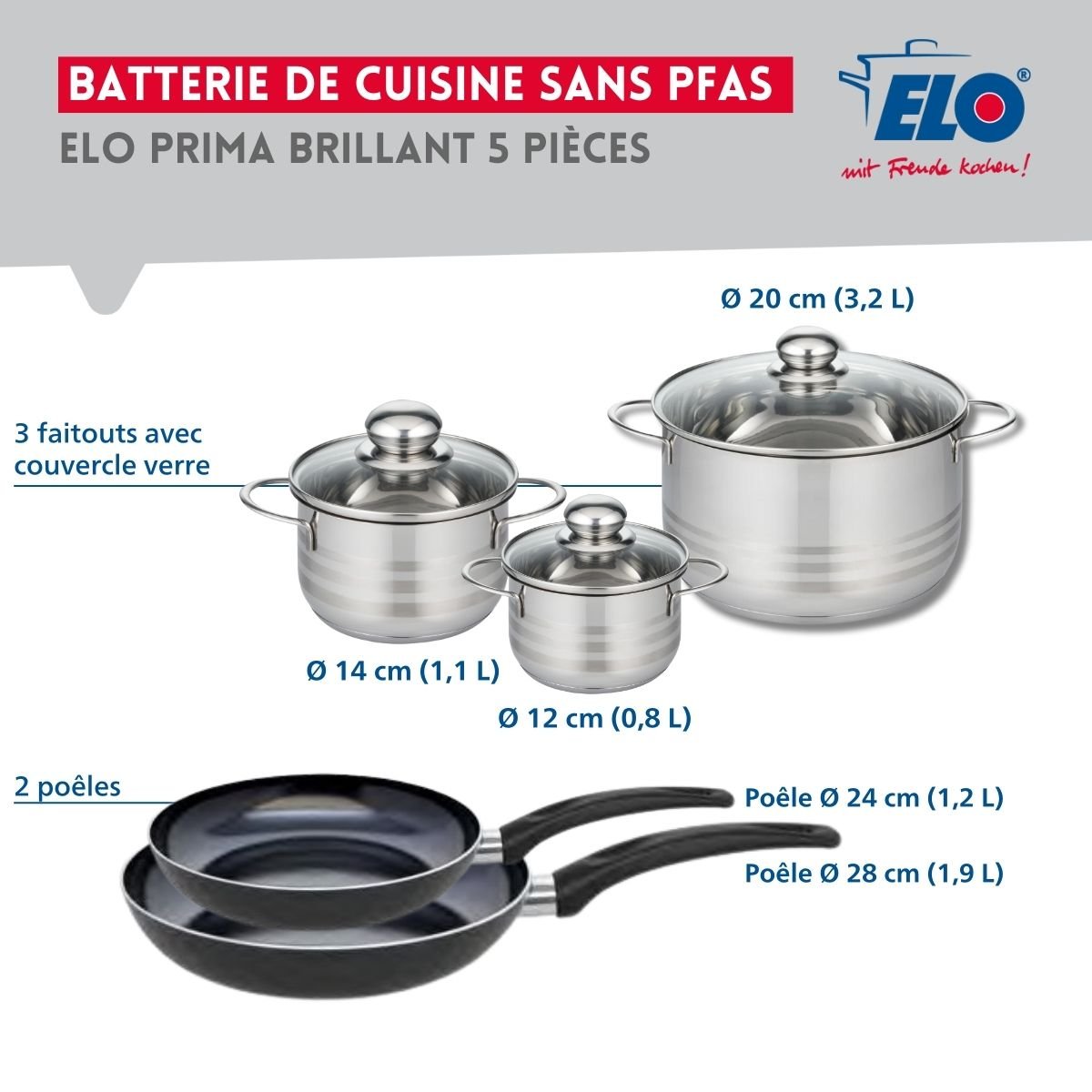 Batterie 2 poêles 24/28cm + 3 faitouts 12/14/20cm PRIMA BRILLANT noir, ELO