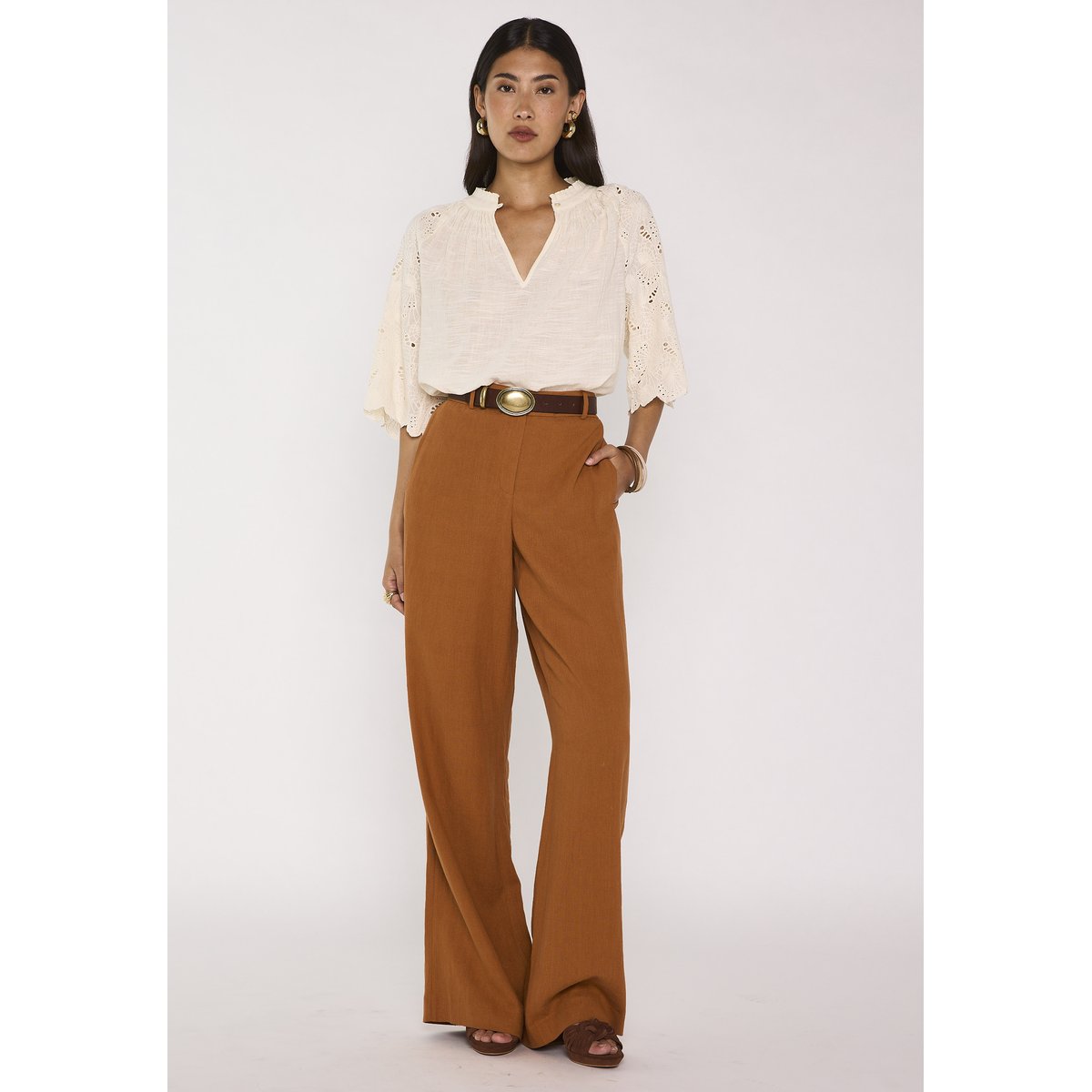 Pantalon large en lin mélangé TAMINA ocre, Maison 123