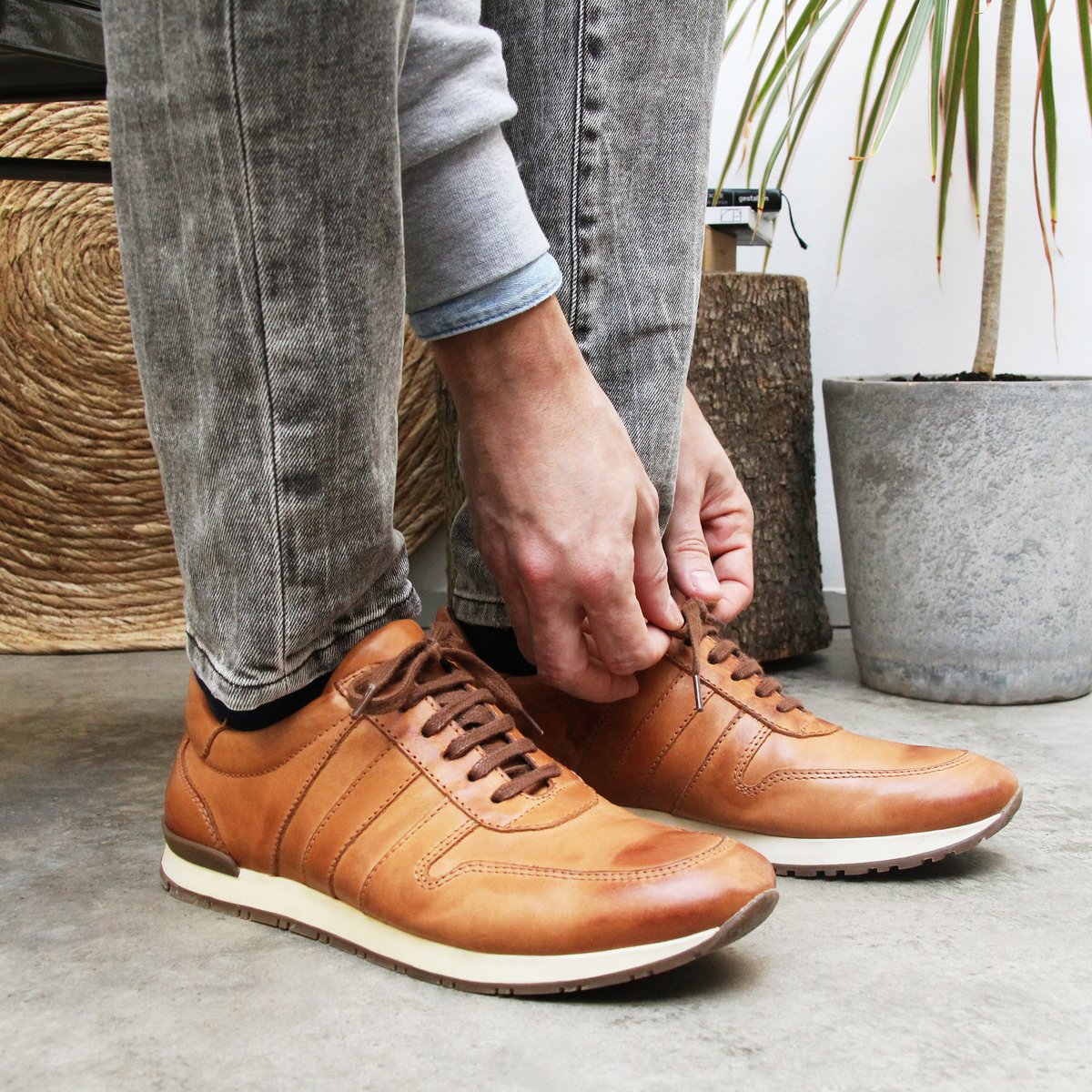 Sneakers cuir lisse cognac, JULES & JENN