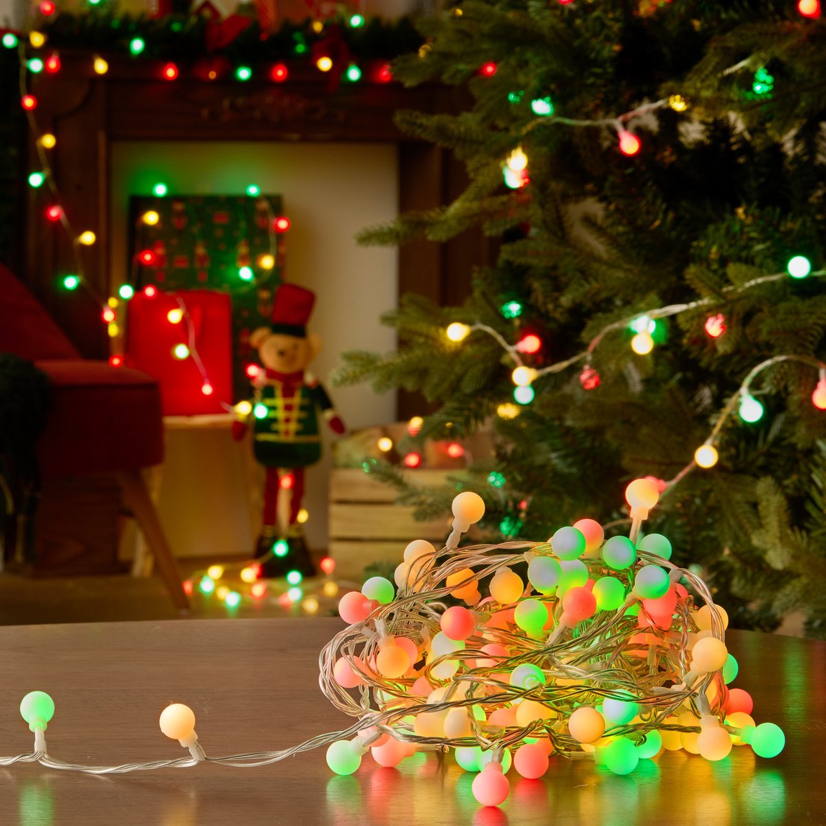Guirlande lumineuse boules d'extérieur 12,5 m 167 LED blanc froid 13 fonctions sur secteur multicolore, FEERIC LIGHTS & CHRISTMAS