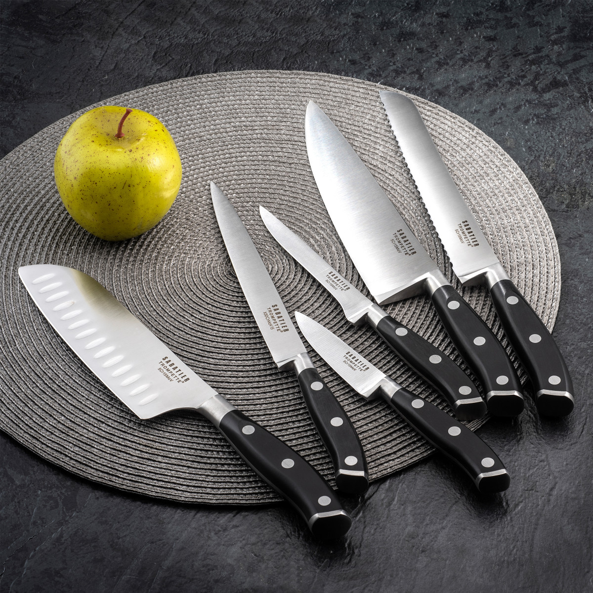 Bloc magnétique 5 couteaux de cuisine - VULCANO noir, SABATIER TROMPETTE