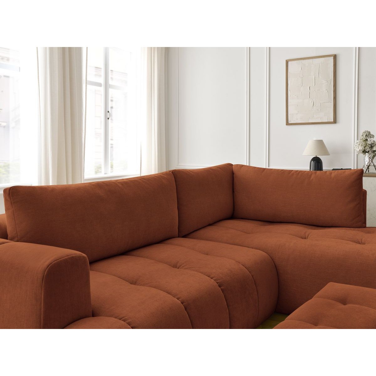 Canapé d'angle convertible 4 places en tissu lisse avec pouf, FUJI orange, BOBOCHIC