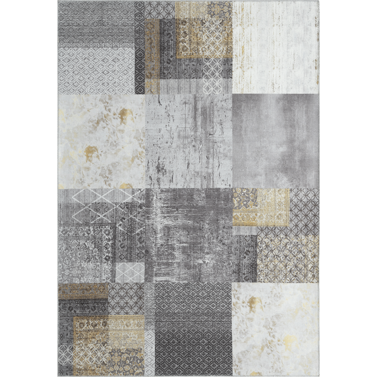 Tapis salon et chambre tissé en coton motif damier CARRAL gris, or, UN AMOUR DE TAPIS