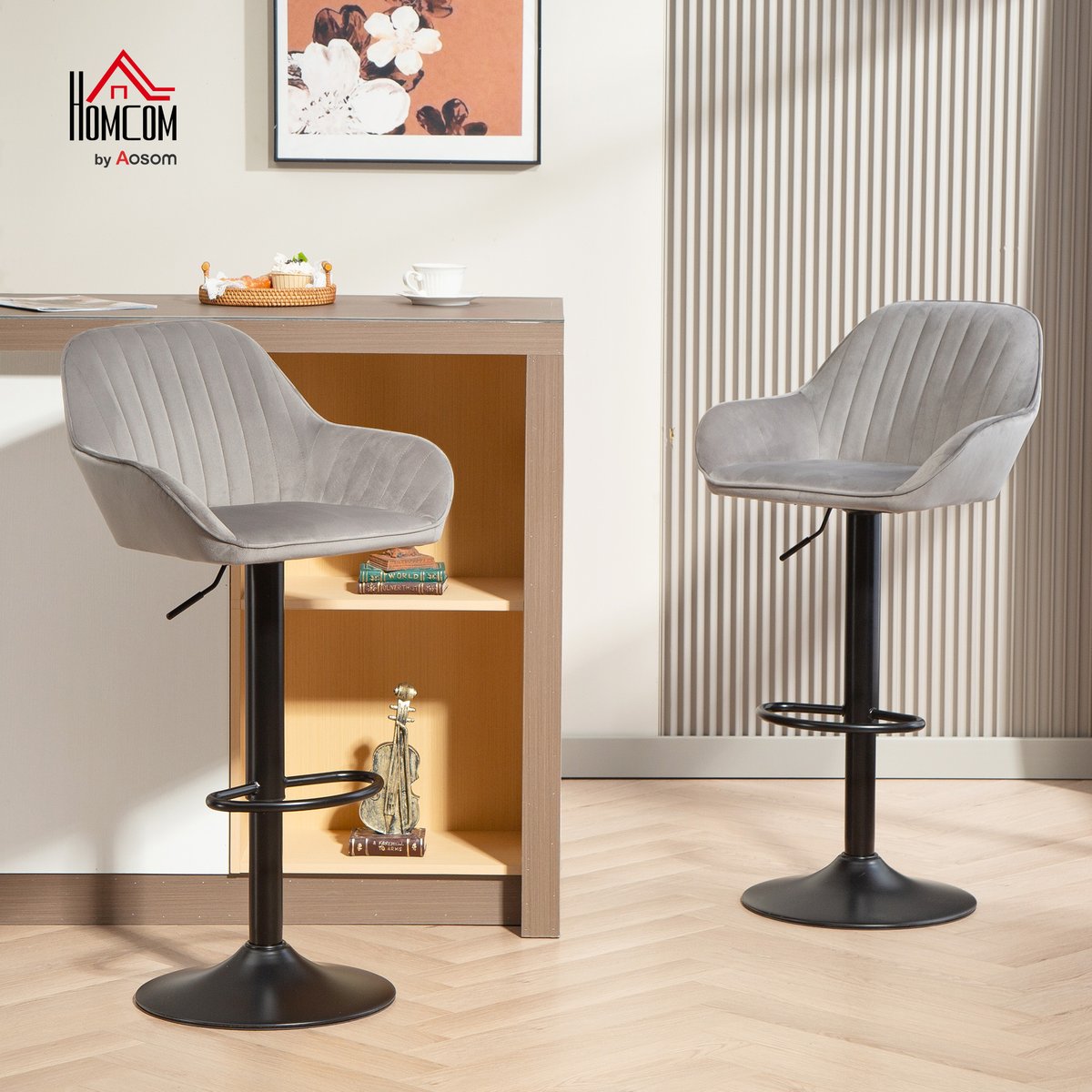 Tabouret de bar Velours (100 % polyester) gris et noir, HOMCOM