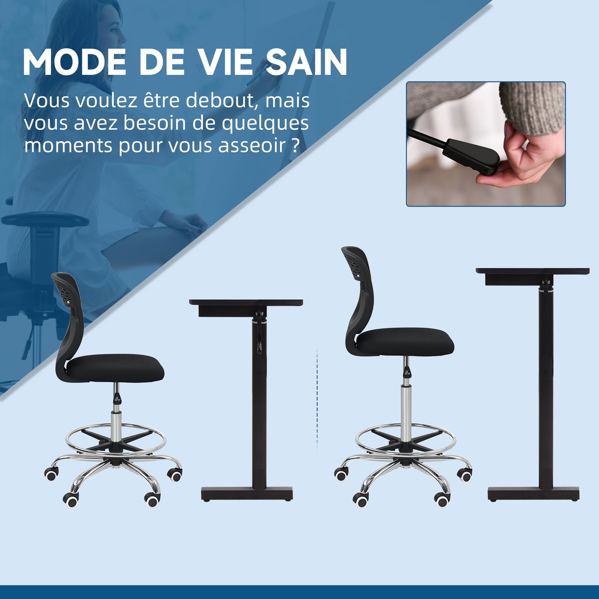 Chaise de bureau pour poste de travail debout noir, HOMCOM