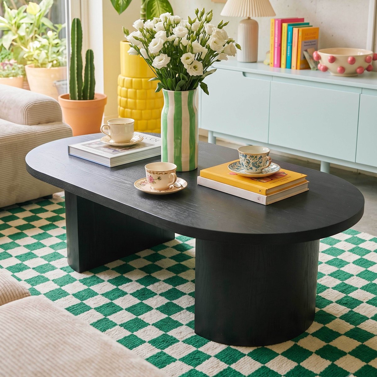 Table basse effet bois ovale 120x70x35 cm , TRINITY bois noir, OVIALA