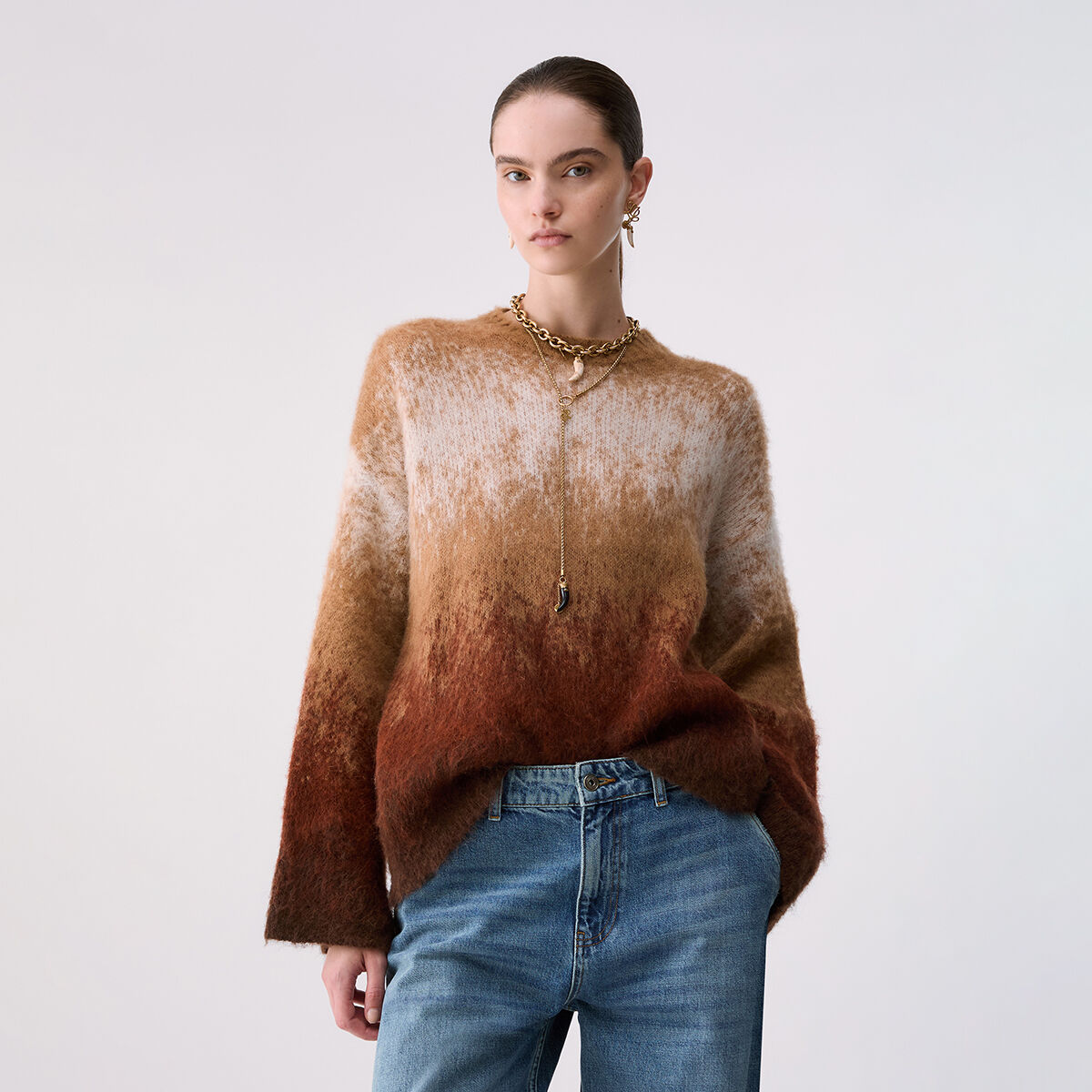 Maille jacquard en laine brossée camel, LIU JO