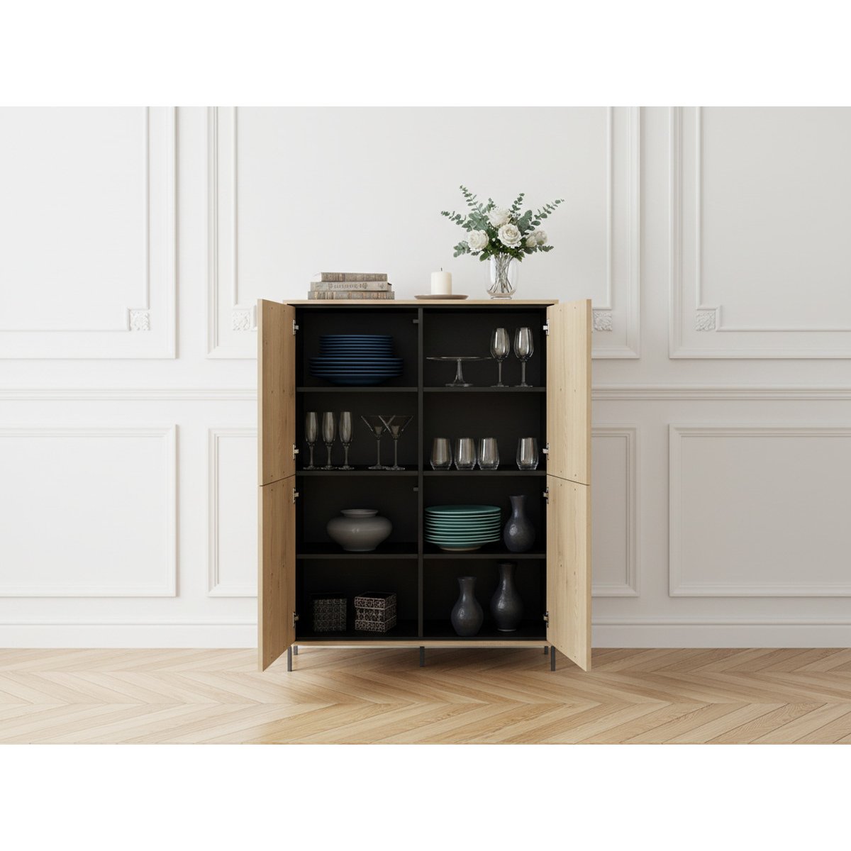 Buffet en panneaux de particules 4 portes 99 cm, TILIA chêne et noir, BOBOCHIC