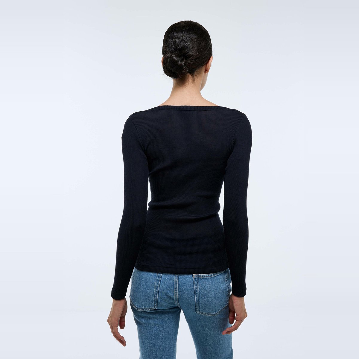 T-shirt manches longues col bateau en laine et soie marine, MONOPRIX