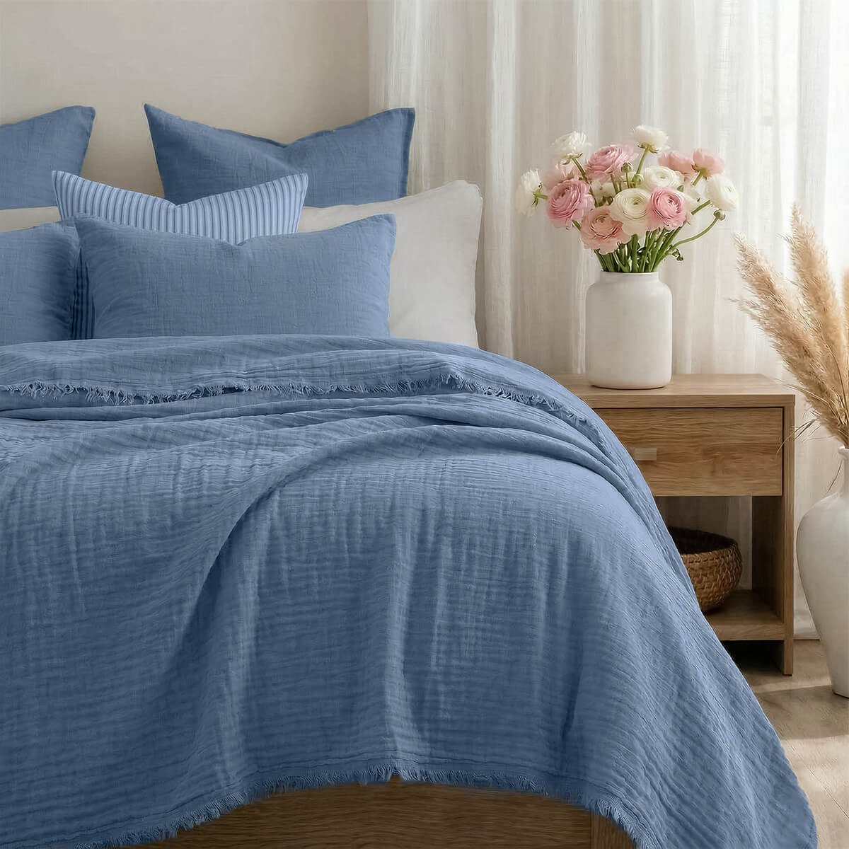 Jeté de lit gaze de coton ALMA Made in Europe bleu, FEBRONIE