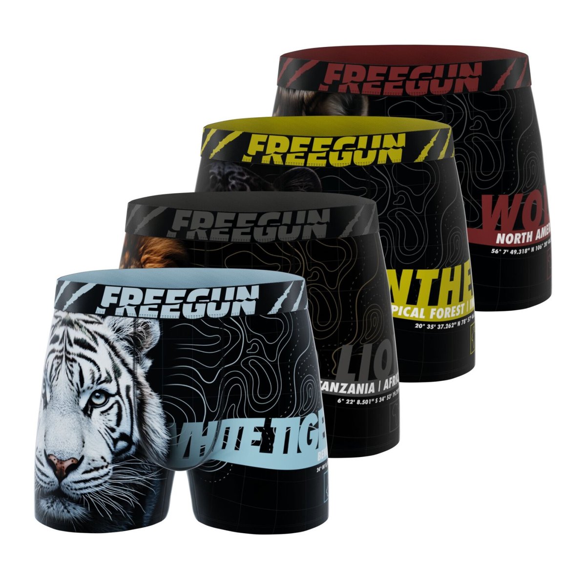Lot De 4 Boxers Savage Animals turquoise/noir/marron/jaune/rouge, FREEGUN