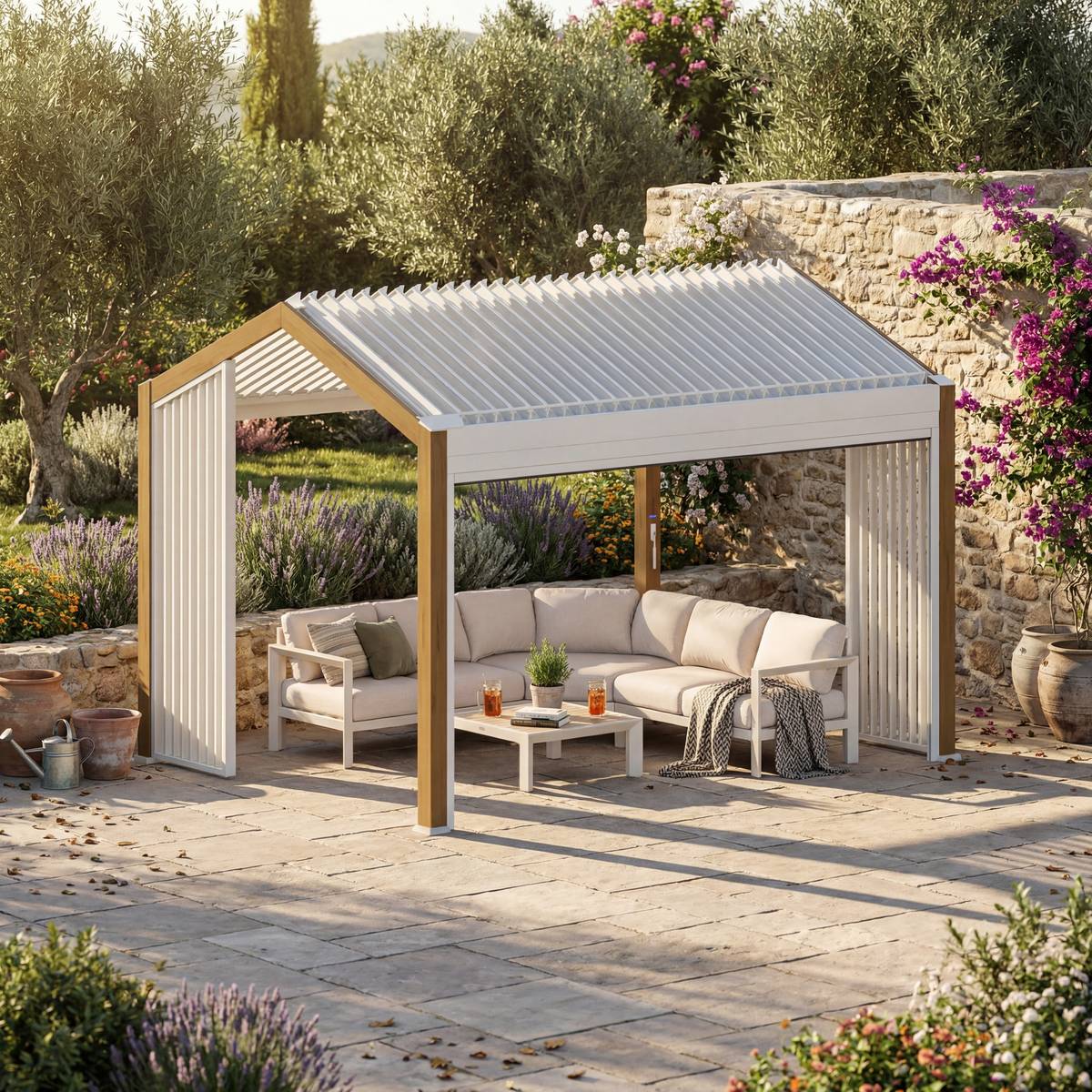 Pergola bioclimatique en aluminium effet bois rideaux déperlants 4x3m ECOZIA beige lin, HESPERIDE