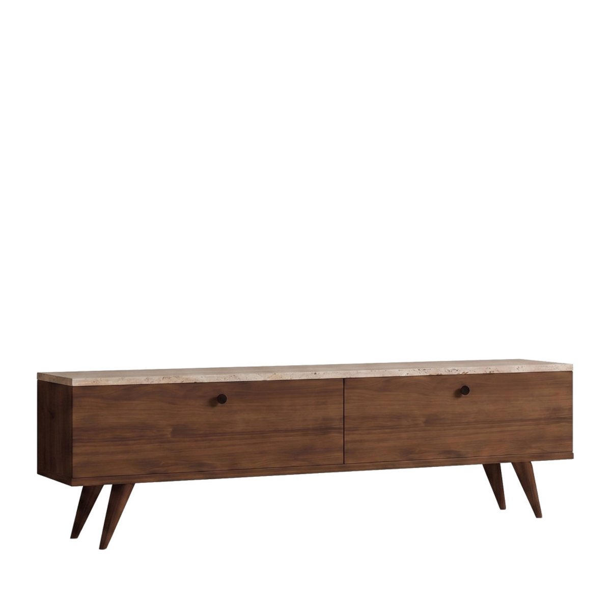 Meuble TV 2 portes plateau effet travertin et bois L140cm- YARA bois foncé, DRAWER