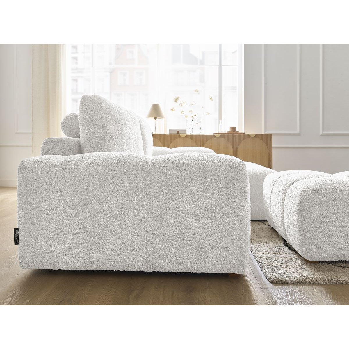 Canapé d'angle convertible 5 places en tissu bouclette avec pouf, ANAKIN blanc, BOBOCHIC