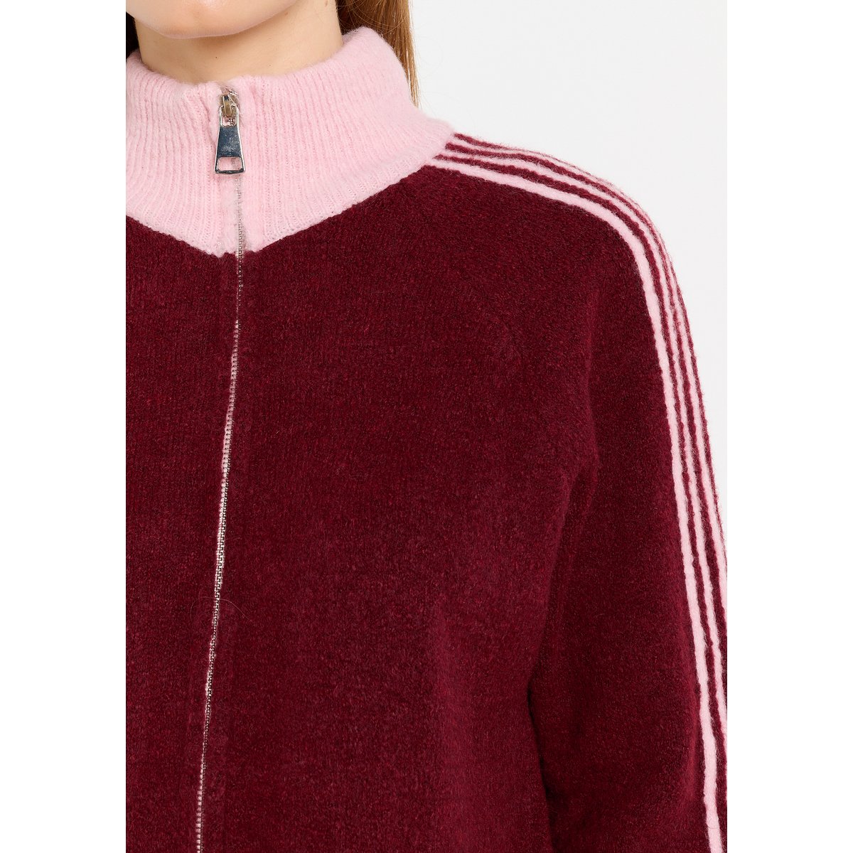 Cardigan zippé à manches raglan bordeau wine, LOLALIZA