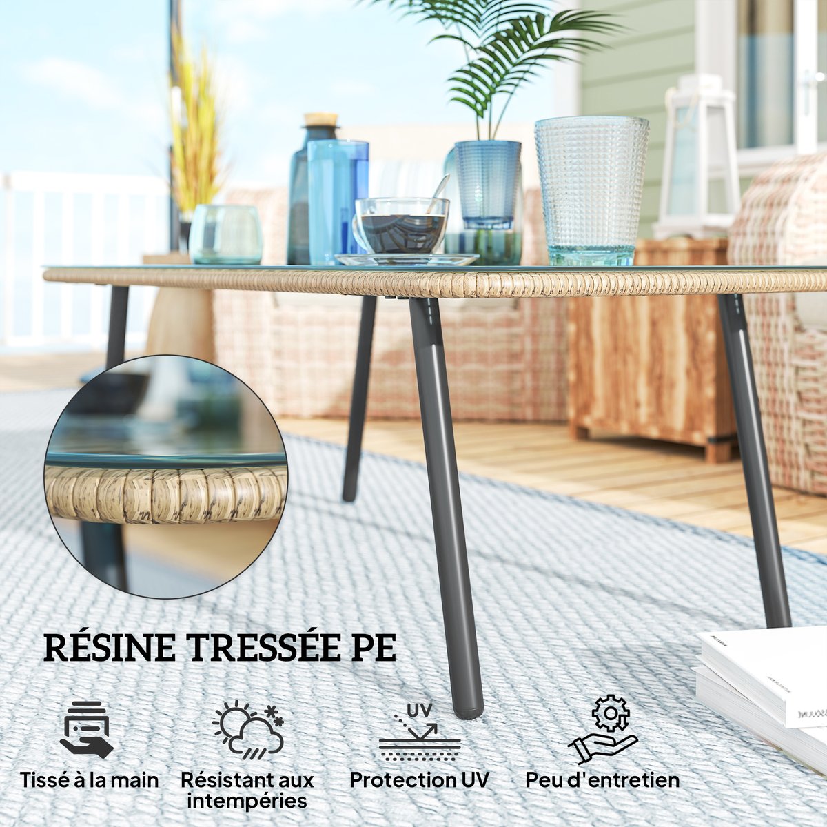 Table en rotin Résine tressée Bois naturel beige, OUTSUNNY