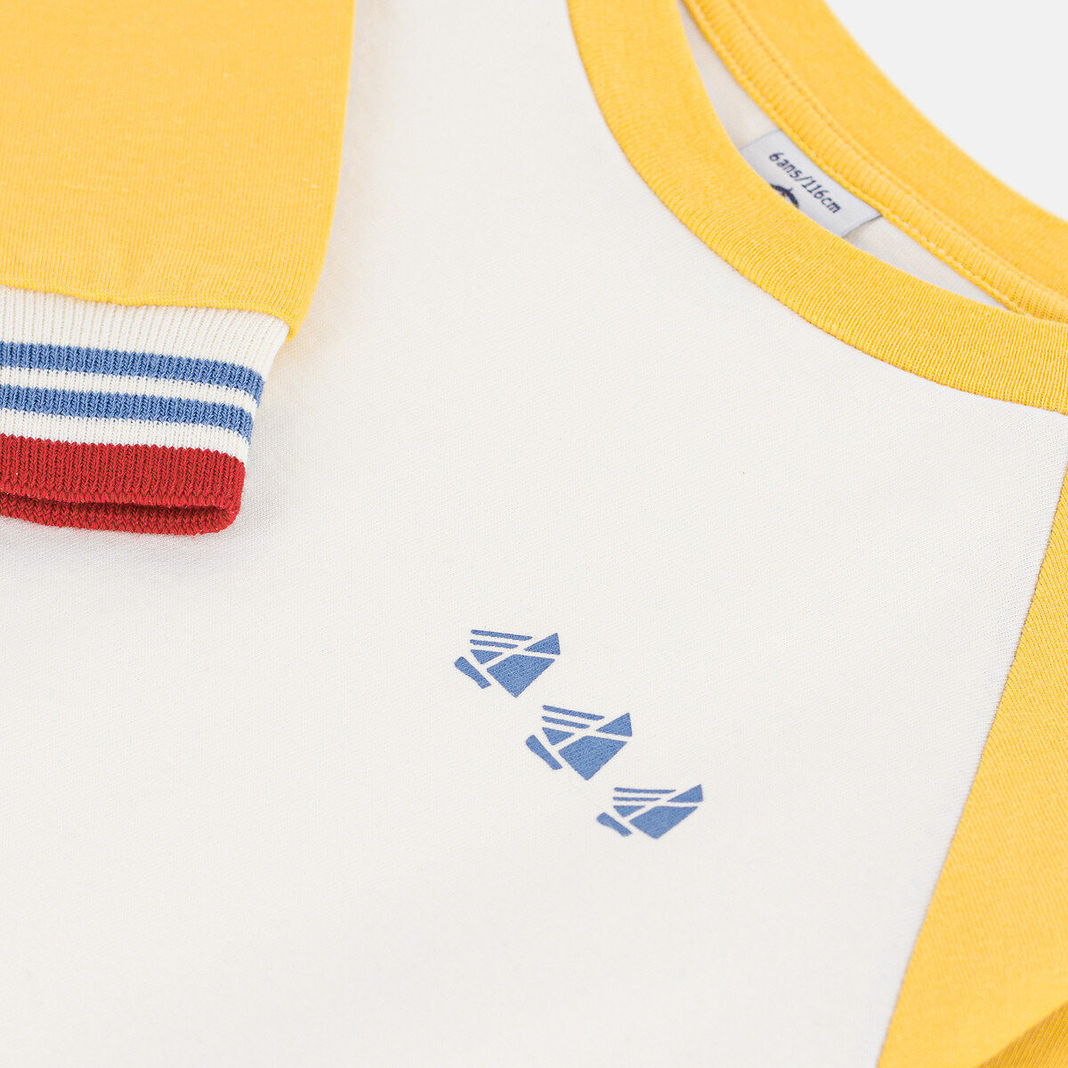T-shirt manches longues en coton colorblock ecru/jaune, PETIT BATEAU