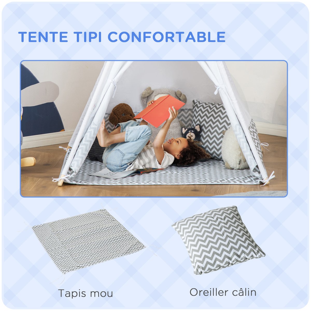Tente pour enfants Toile polyester coton gris, HOMCOM