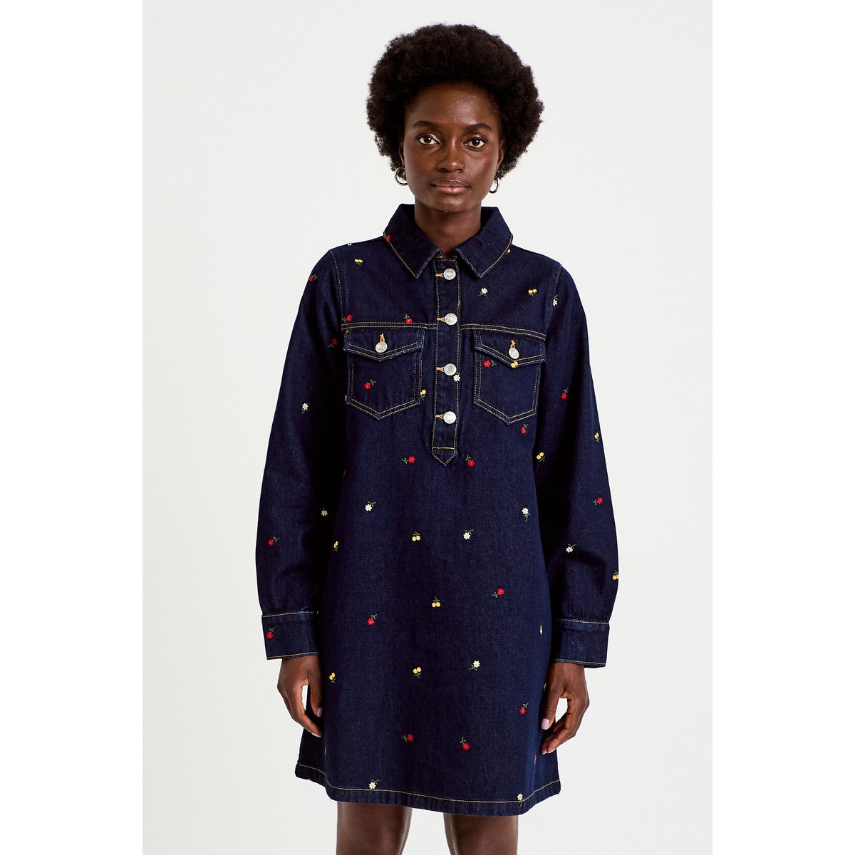 Robe courte évasée en jean brodée bleu marine, CACHE CACHE