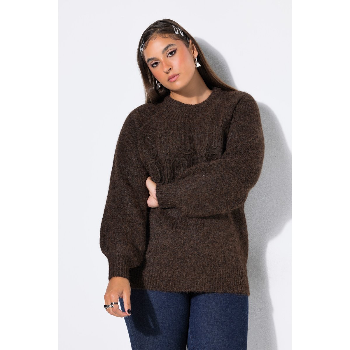 Pull, coupe classique, STUDIO, manches ballon marron pin, STUDIO UNTOLD
