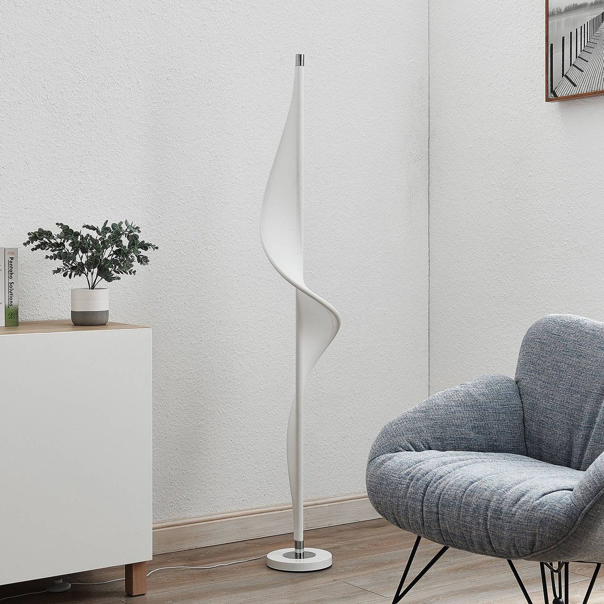Lampadaire en textile moderneLED, Edano blanc, chrome, LUCANDE