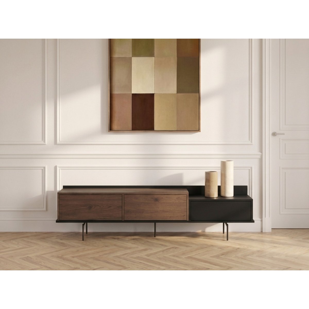 Meuble TV 200 cm , FREDA noir et noyer, BOBOCHIC