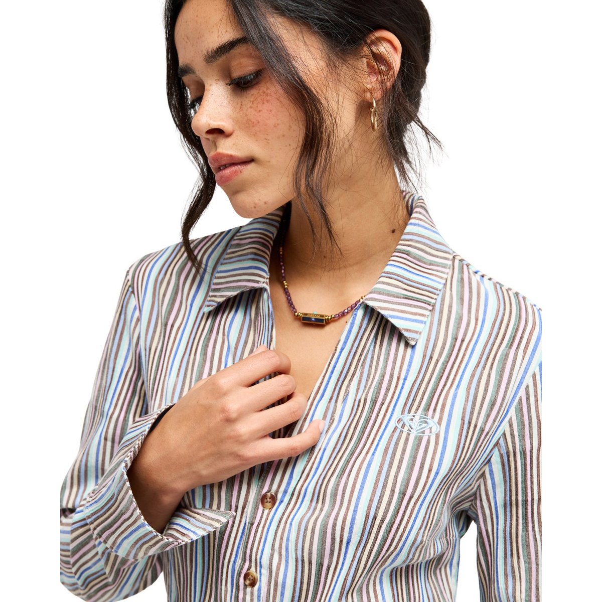 Chemise rayée à boutons WAVE HURRICANE. marron chestnut retro stripe, ROXY