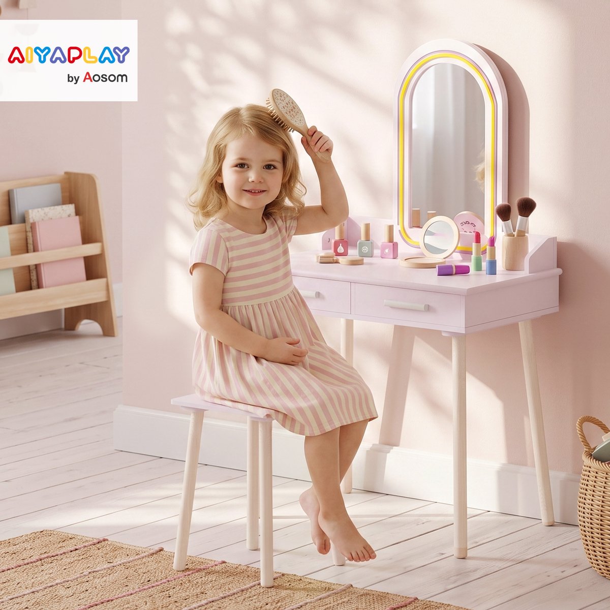 Ensemble de coiffeuse pour enfants MDF Rose rose, blanc, AIYAPLAY