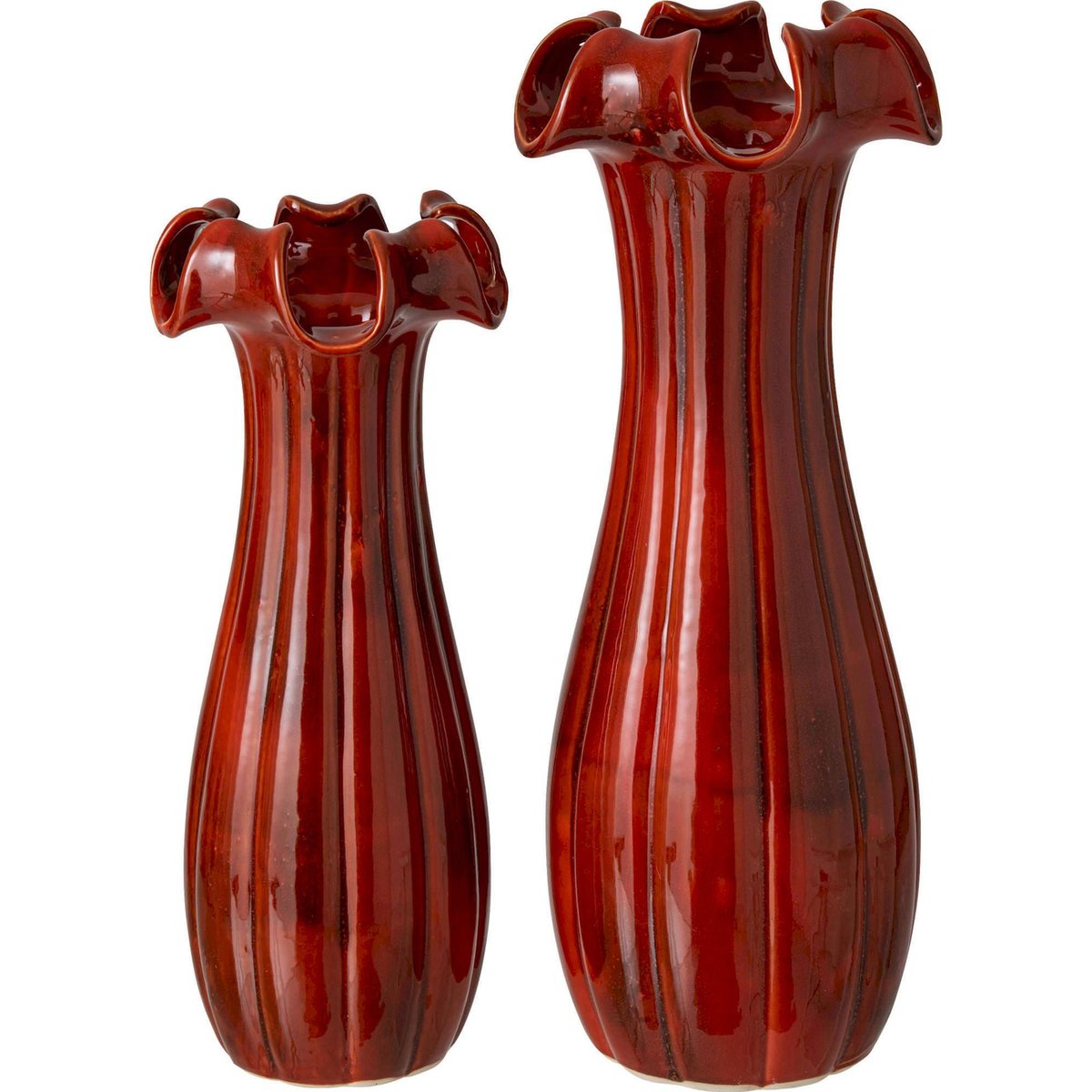 Vase en poterie à bord ondulé rouge brillant, RECOLLECTION