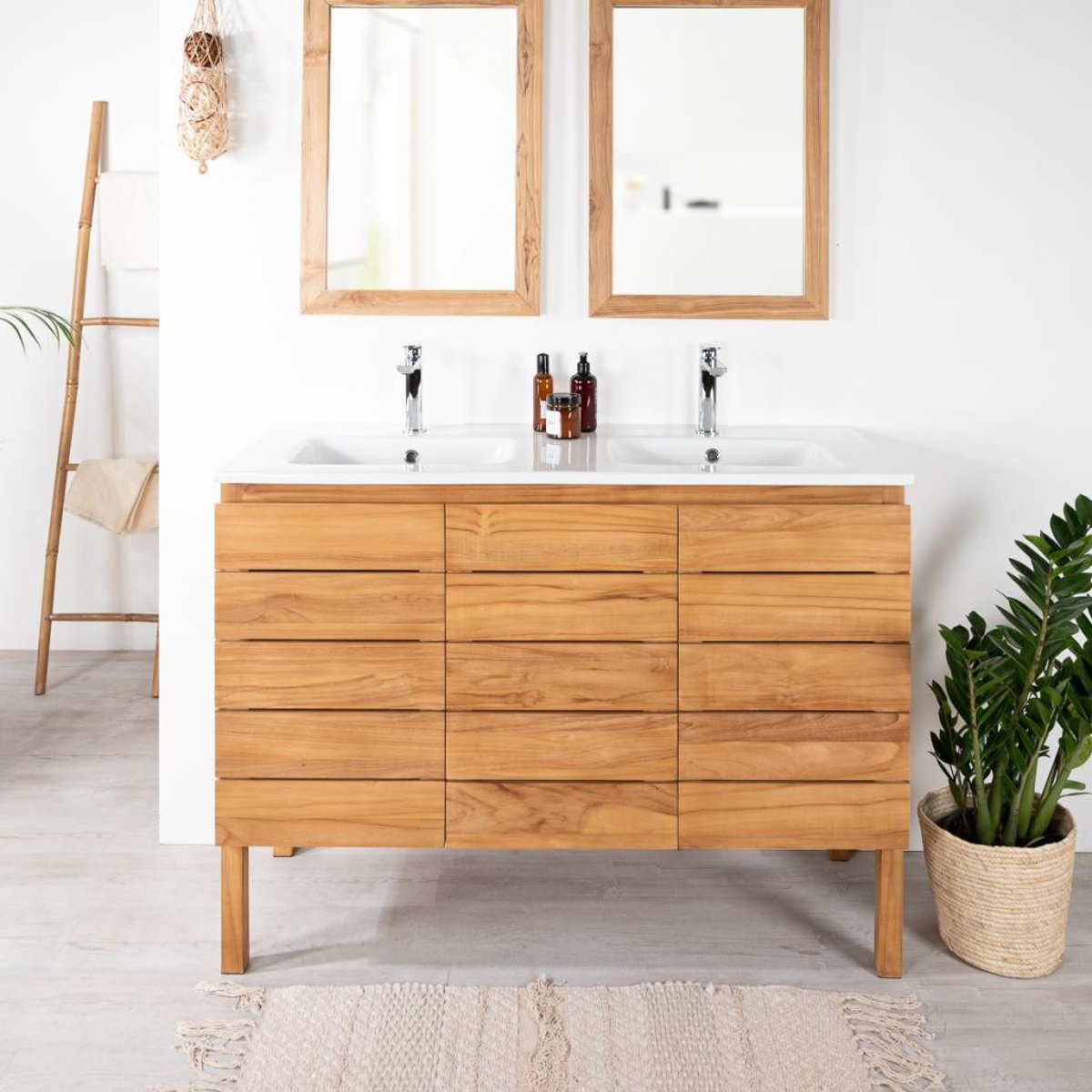 Meuble salle de bain en teck et céramique 120 cm ANANTA blanc, WANDA COLLECTION